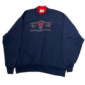 Day Breeze Sweatshirt in Navy/Red SZ L Embroidered Flowers Pullover Grandmacore